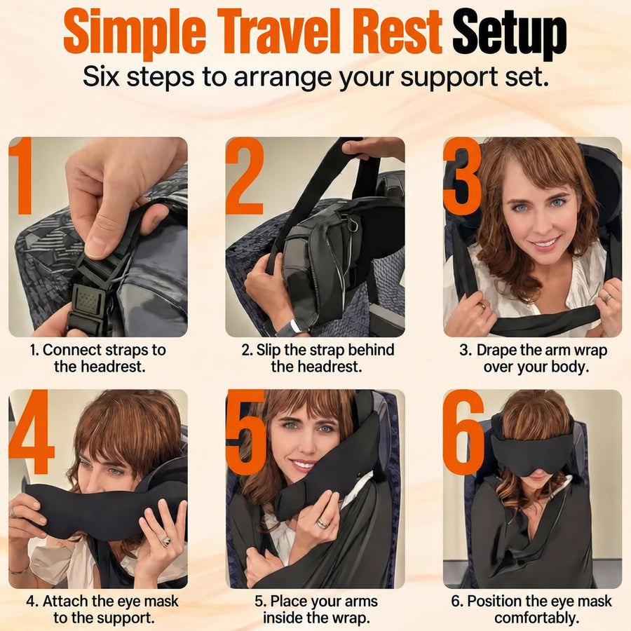 Six setup steps in photos: connect the straps to the headrest, slip the strap behind it, drape the sling, attach the eye mask, place your arms inside, position the eye mask