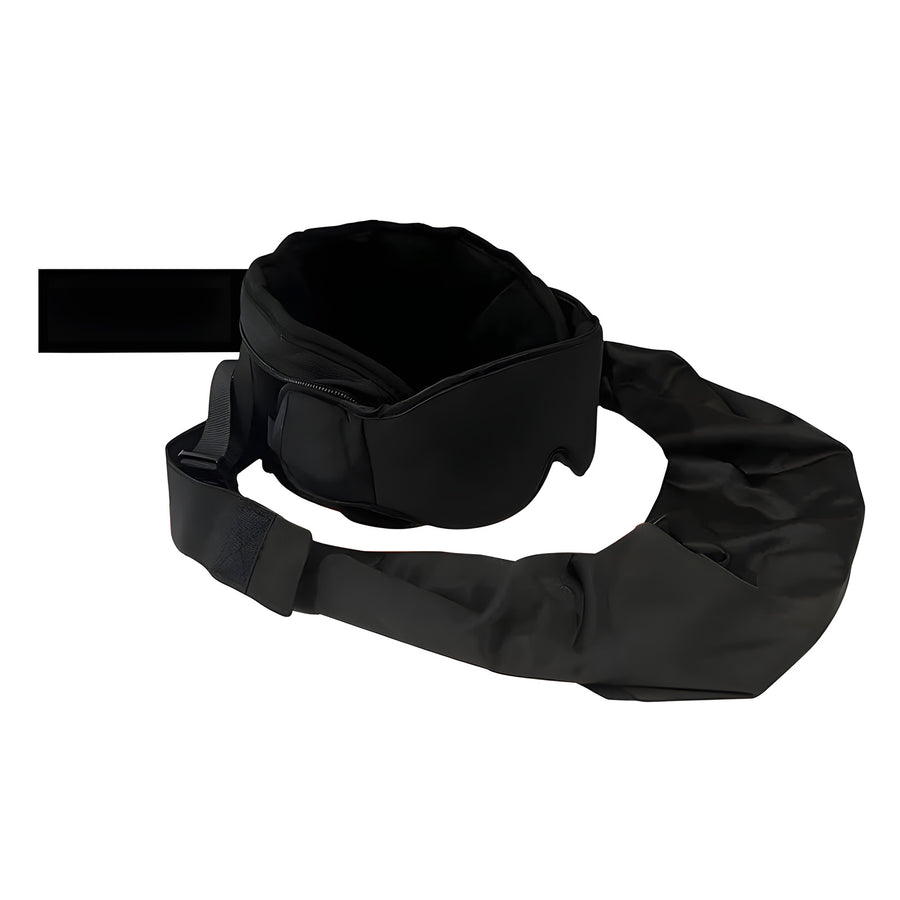 The eye mask attached to the head pillow, with the body sling