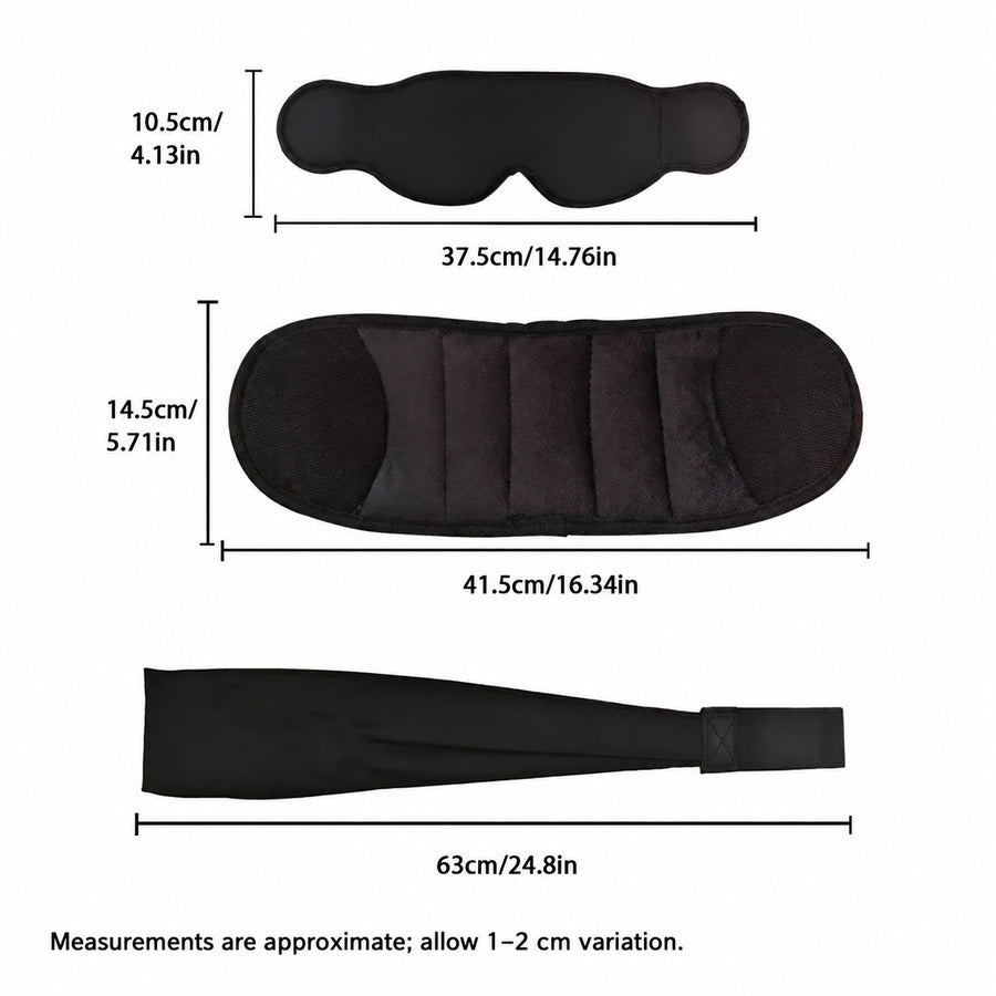 Measurements: eye mask 37.5 by 10.5 cm (14.76 by 4.13 in), head pillow 41.5 by 14.5 cm (16.34 by 5.71 in), body sling 63 cm (24.8 in). Approximate.