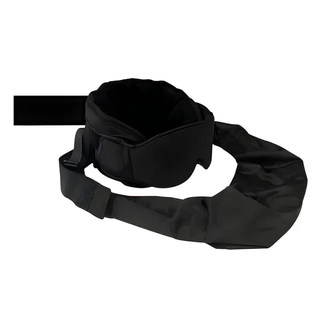 The eye mask attached to the head pillow, with the body sling, off the seat