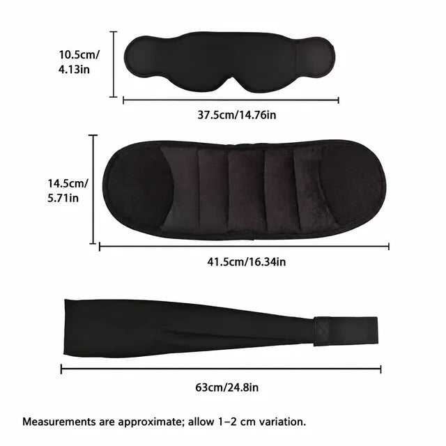Measurements: eye mask 37.5 by 10.5 cm (14.76 by 4.13 in), head pillow 41.5 by 14.5 cm (16.34 by 5.71 in), body sling 63 cm (24.8 in). Approximate, allow 1 to 2 cm variation.