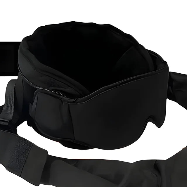 The eye mask attached to the padded head pillow, with its strap
