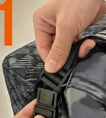 Hands connecting the buckle strap of the head pillow to a seat headrest
